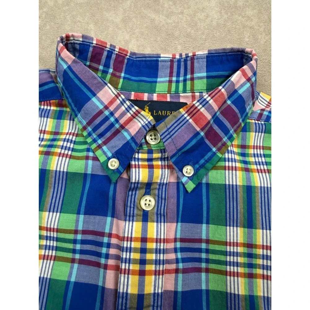 Polo Ralph Lauren Boys L 14-16 Multicolor Plaid Madras Button Down Shirt Stretch